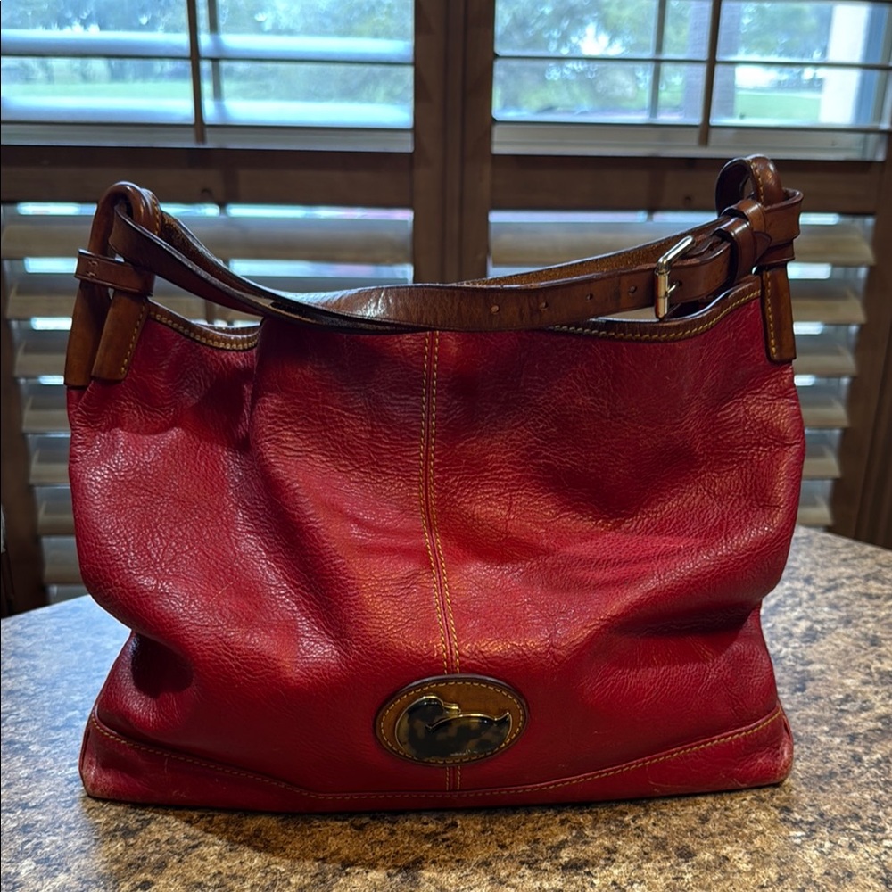 Dooney & Bourke Red Hobo Bag with Brown Accents